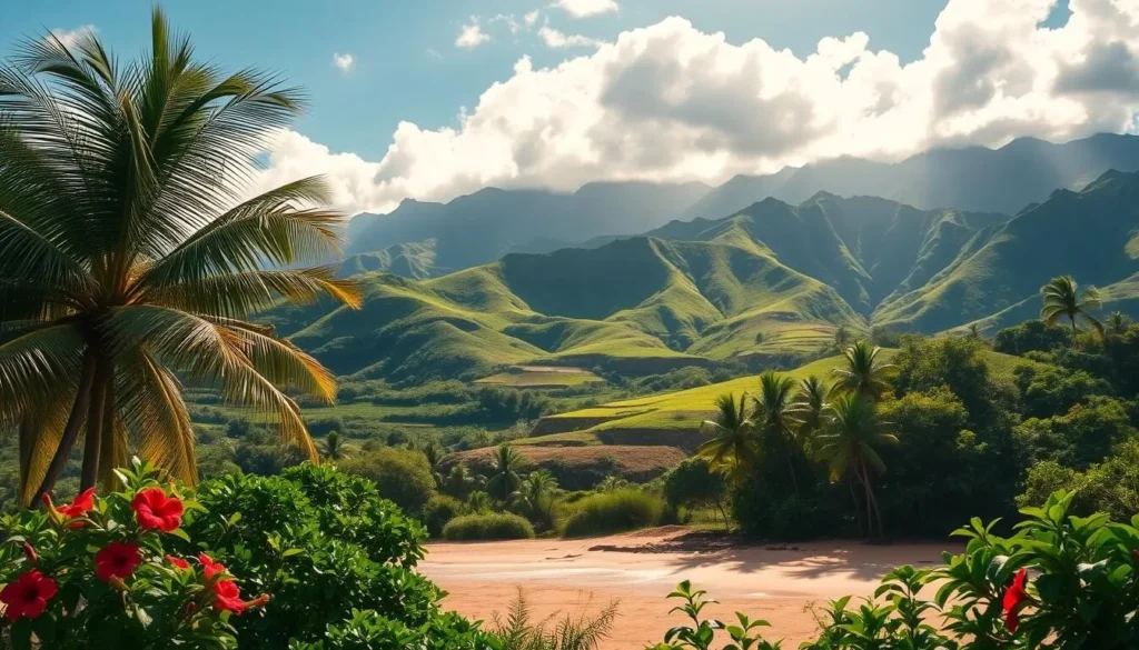 A warm, sun-dappled scene of Kauai's lush, verdant landscape, capturing the island's quintessential tropical charm. In the foreground, a tranquil beach lined with swaying palm trees and vibrant hibiscus blooms. The mid-ground features rolling hills blanketed in a patchwork of emerald hues, while the background showcases the majestic, cloud-kissed peaks of the island's dramatic mountain ranges. The lighting is soft and diffused, creating a serene, inviting atmosphere. Composition emphasizes depth and balance, drawing the viewer's eye through the layers of this picturesque Hawaiian paradise.
