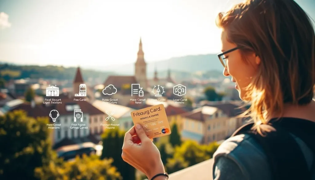 A warm, sun-dappled scene showcasing the Fribourg Card benefits. In the foreground, a traveler eagerly examines the card, its features and perks highlighted by soft, natural lighting. The middle ground features an array of icons representing the card's various discounts and free entries to local attractions. In the background, a picturesque cityscape of Fribourg's historic architecture and landmarks emerges, conveying the card's usefulness for exploring the vibrant Swiss city. The overall mood is one of discovery, convenience, and the joy of seamless travel.