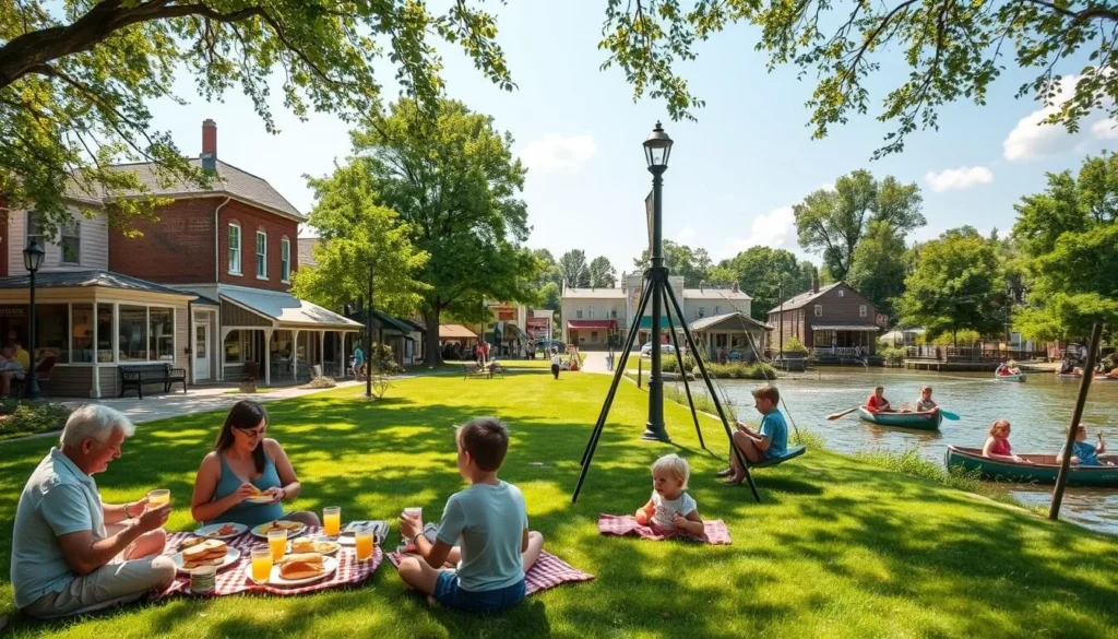 A warm, sunny afternoon in the charming town of Waynesville, Ohio. In the foreground, a family picnicking on a lush green lawn, enjoying homemade sandwiches and lemonade. In the middle ground, children playing on a classic swing set, their laughter filling the air. Surrounding them, a picturesque small-town setting with quaint shops, historic buildings, and towering trees casting soft, dappled shadows. In the background, the peaceful flow of the Little Miami River, its banks dotted with families fishing and paddling canoes. The scene exudes a sense of community, tradition, and the timeless joys of family activities in this idyllic Midwestern town.