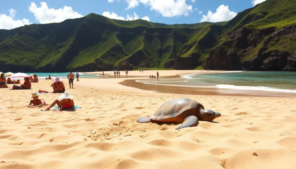 A warm, sunny day at Laniakea Beach, Oahu. In the foreground, a group of visitors enjoy the soft, golden sand, some building sandcastles, others relaxing under beach umbrellas. In the middle ground, people stroll along the water's edge, admiring the gently lapping waves and the iconic Laniakea sea turtle basking on the shore. The background features the lush, verdant cliffs of the Oahu coastline, creating a picturesque tropical setting. The lighting is natural and bright, casting a serene, tranquil atmosphere over the entire scene. Capture this idyllic moment with a wide-angle lens to showcase the scale and beauty of Laniakea Beach and its captivated visitors.