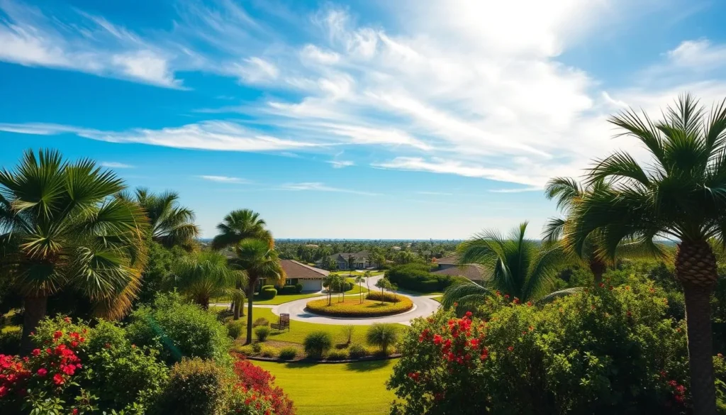 A warm, sunny day in Cape Coral, Florida, with clear skies and a gentle breeze. In the foreground, a lush, verdant landscape dotted with palm trees and vibrant flowers, their colors contrasting against the bright sunlight. In the middle ground, a winding road leading to a residential neighborhood, the houses bathed in a golden glow. In the background, a towering blue sky with wisps of clouds, hinting at the temperature variations throughout the year. The scene is captured with a wide-angle lens, emphasizing the depth and breadth of the landscape. The overall atmosphere is one of tranquility and a welcoming, subtropical climate.