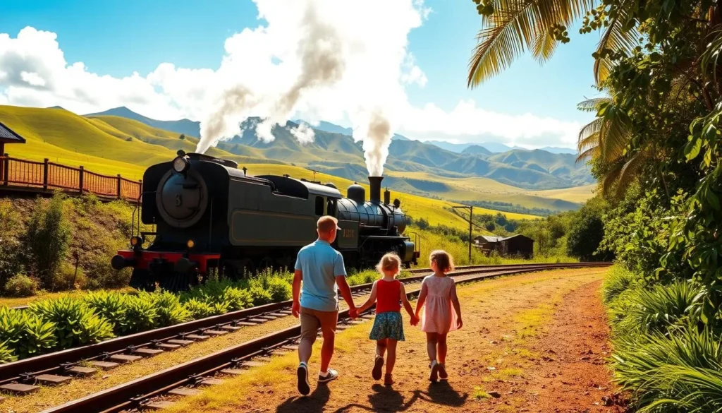 A warm, sunny day on the Kauai Plantation Railway. In the foreground, a family of four enjoys a leisurely stroll along the tracks, holding hands and exploring the lush greenery around them. In the middle ground, a historic steam locomotive chugs gently through the verdant landscape, its billowing smoke adding to the nostalgic atmosphere. The background showcases the rolling hills and distant mountains that typify the picturesque Kauai scenery, bathed in golden natural light. The scene conveys a sense of tranquility, wonder, and the timeless appeal of this family-friendly railway attraction.