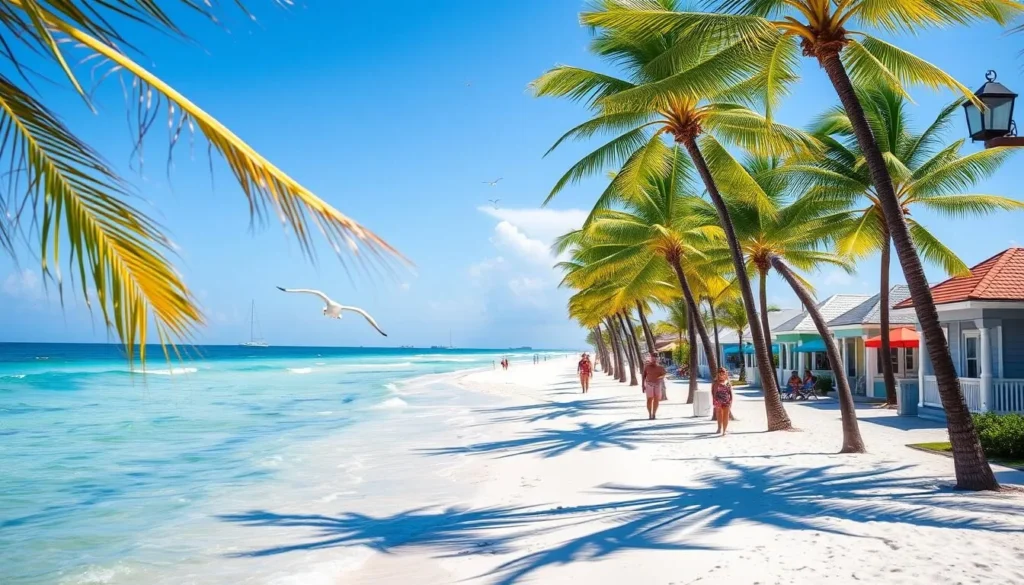 A warm, sunny day on the tranquil shores of Anna Maria Island. In the foreground, sun-dappled palm trees sway gently in the ocean breeze, casting soft shadows on the pristine white sand beach. Beachgoers stroll along the water's edge, pausing to admire the crystal-clear turquoise waves lapping at the shore. In the middle ground, a row of charming, colorful beach cottages line the promenade, their pastel hues and breezy architectural details capturing the island's laid-back, coastal vibe. The background features the serene silhouette of the Gulf of Mexico, its horizon dotted with sailboats and gulls gliding effortlessly through the sky. The scene exudes a sense of tranquility and the unhurried pace of island life, inviting the viewer to imagine an authentic, local experience on Anna Maria Island.