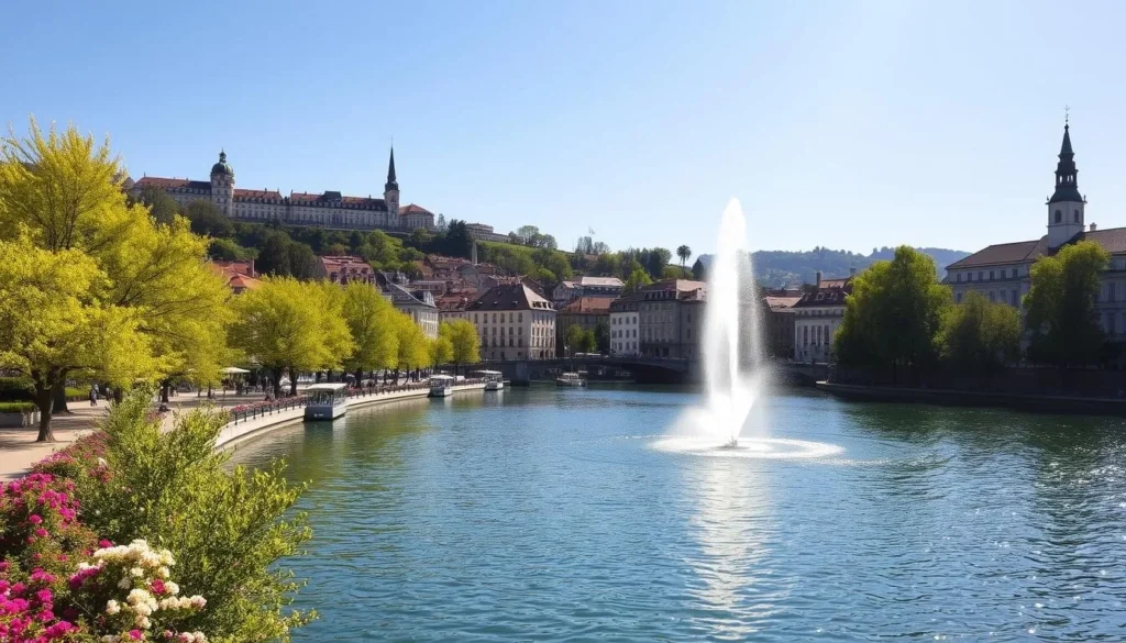 A warm, sunny springtime scene in Geneva, Switzerland. A picturesque cityscape along the shores of Lake Geneva, with the iconic Jet d'Eau fountain gracefully spraying water into the air. In the foreground, lush green trees and blooming flowers line the promenade, their vibrant colors reflecting in the calm waters. Beyond, the historic buildings of the old town climb the gentle slopes, their terracotta roofs and steeples silhouetted against a bright, azure sky. A few small boats dot the lake, their sails catching the soft breeze. The overall mood is one of tranquility and renewal, capturing the essence of spring's awakening in this beautiful Swiss city.