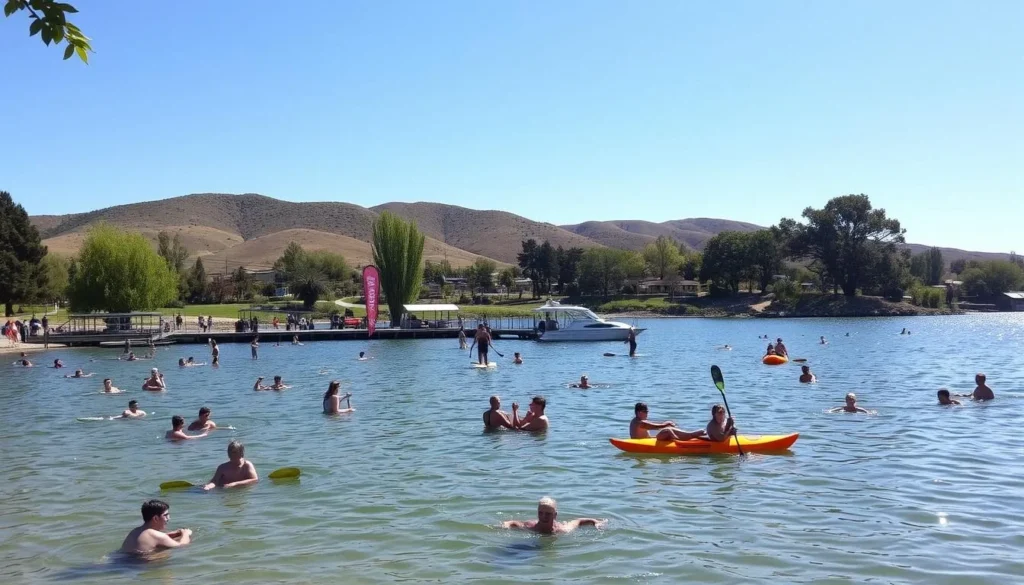 A warm, sunny summer day at a scenic lakeside recreation area. In the foreground, people engaged in various activities - swimming, kayaking, paddle boarding, picnicking on the shore. The middle ground features a boat dock and rental station. In the background, rolling hills and lush green trees frame the serene, sparkling lake. Soft, diffused lighting creates a peaceful, inviting atmosphere. The scene captures the essence of outdoor recreation and leisure in a picturesque California setting.