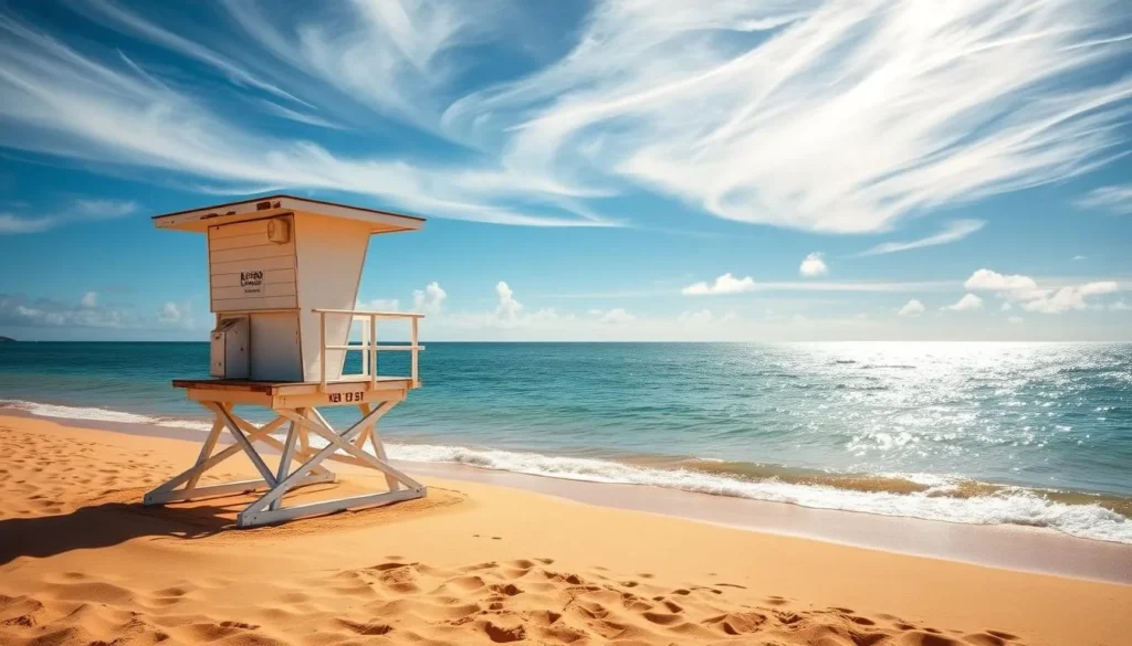 A weathered lifeguard tower stands sentinel on the golden sands of Ke'e Beach, its crisp white silhouette contrasted against the brilliant azure sky. Wispy clouds drift overhead, casting gentle shadows that dance across the tranquil waters lapping at the shore. The scene radiates a serene, sun-kissed ambiance, inviting beachgoers to enjoy the ocean's calm embrace under the watchful eye of the lifeguard's post. Capture the essence of safety and leisure at this picturesque Hawaiian locale.