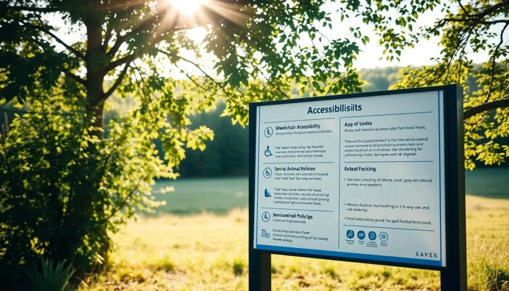 A well-designed informational sign board situated in a tranquil outdoor setting, showcasing accessibility details for visitors. The sign features clear icons and text, providing guidance on wheelchair accessibility, service animal policies, and other important details. Sunlight gently filters through lush foliage, creating a warm, welcoming atmosphere. The background is a serene landscape, perhaps a grassy meadow or a secluded garden, inviting visitors to explore the area while staying informed. The composition is balanced, with the sign taking center stage, surrounded by the natural beauty of the environment.