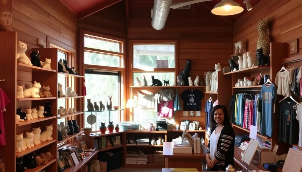 A well-lit, inviting interior of the Lanai Cat Sanctuary's gift shop. Wooden shelves display an array of cat-themed merchandise - plush toys, ceramic figurines, t-shirts, and accessories. Soft lighting filters through large windows, casting a warm glow on the display items. In the foreground, a cashier's counter with a friendly-looking staff member ready to assist visitors. The overall atmosphere conveys a sense of supporting the sanctuary's noble mission to rescue and care for the island's feline population.