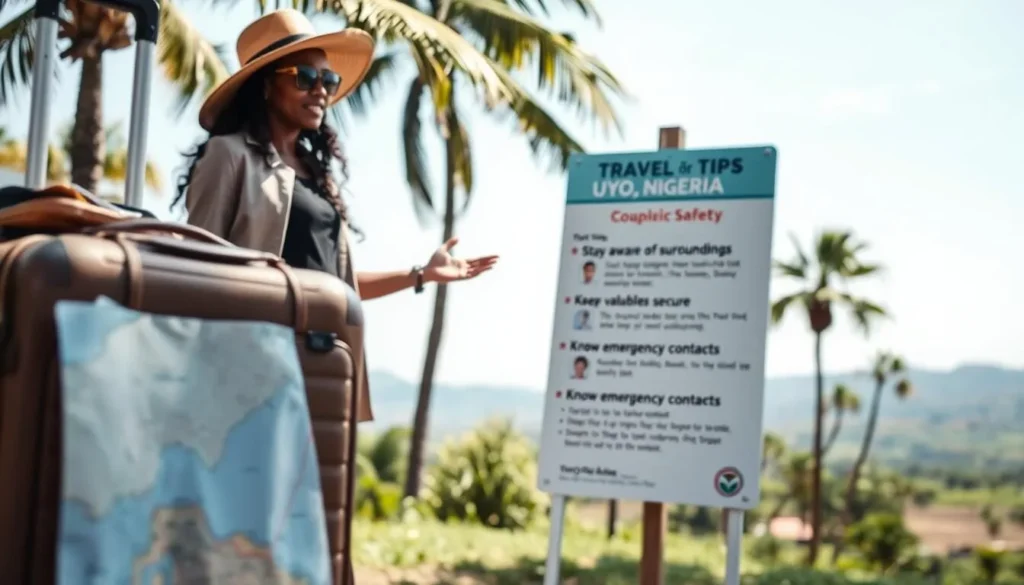 A well-lit outdoor scene depicting various travel safety tips for visiting Uyo, Nigeria. In the foreground, a sturdy suitcase and a map of the region. In the middle ground, a person wearing a sun hat and sunglasses, gesturing towards a sign with tips like "Stay aware of your surroundings", "Keep valuables secure", and "Know emergency contacts". In the background, a tranquil landscape with palm trees and a clear blue sky. The overall mood is informative and reassuring, encouraging safe and responsible travel.
