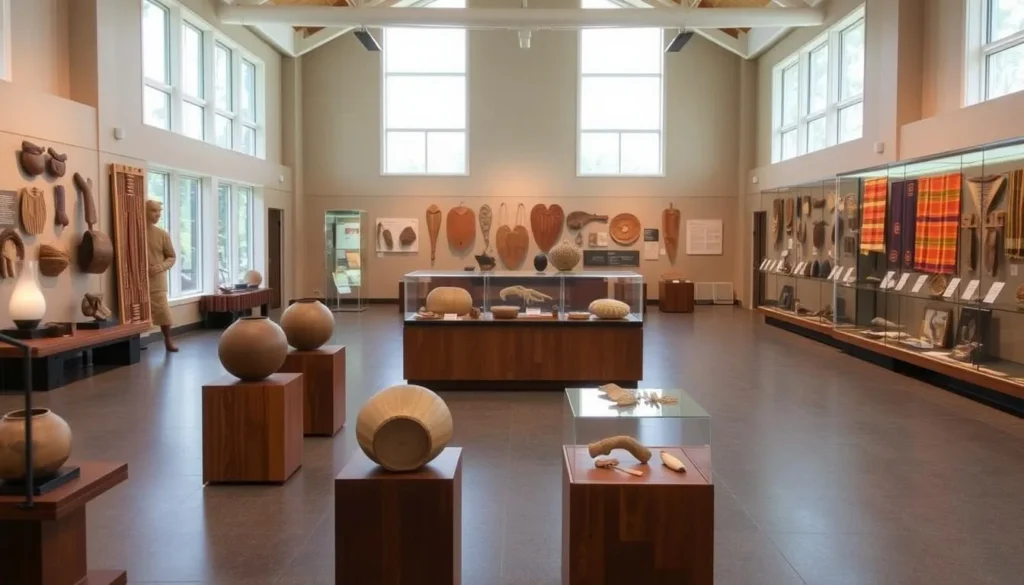 A well-lit, spacious exhibit hall showcasing a diverse collection of Lānaʻi's cultural heritage artifacts. In the foreground, traditional Hawaiian calabashes, weavings, and wooden carvings are displayed on tasteful wooden pedestals. Mid-frame, glass cases house intricate stone tools, bone fish hooks, and vibrant tapa cloth samples. The background features large windows allowing natural daylight to illuminate the space, with informative placards and displays providing context. The overall atmosphere evokes a sense of reverence and appreciation for the island's rich history and indigenous traditions.