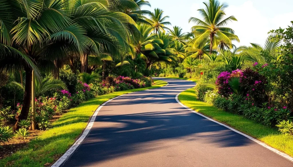 A well-maintained paved path winds gracefully through a lush, tropical landscape. Verdant palm trees and vibrant flora line the trail, creating a serene and inviting atmosphere. The path is bathed in warm, natural sunlight, casting soft shadows and highlighting the textured surface. The trail stretches into the distance, inviting exploration and a leisurely stroll. Capture the essence of this tranquil, picturesque setting to reflect the "Trail Details: What to Expect" section of the article on the Makapu'u Point Lighthouse Trail in Oahu, Hawaii.