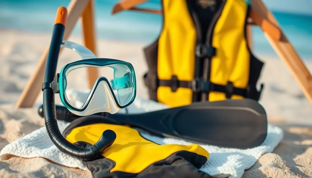 A well-organized beachside scene showcasing a complete set of high-quality snorkeling gear. In the foreground, a vibrant yellow-and-black striped wetsuit, a clear tempered-glass mask, and a long black snorkel with a comfortable silicone mouthpiece. In the middle ground, a pair of black fins with adjustable straps lie atop a plush white towel. Behind them, a sleek, streamlined snorkeling vest in a vibrant aqua hue hangs from a wooden clothes rack, ready for adventure. Soft, warm natural lighting bathes the scene, creating a serene, inviting atmosphere perfect for a day of underwater exploration.