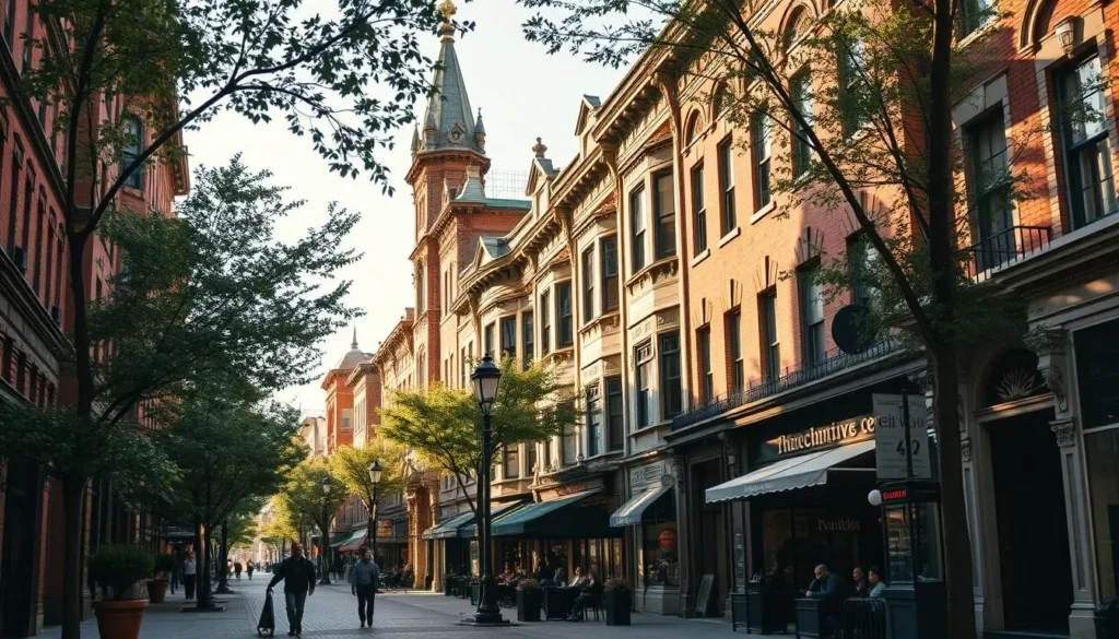 A well-preserved historic streetscape in downtown New Brunswick, New Jersey. Ornate Victorian-era buildings line the sidewalks, with intricate facades of brick, stone, and decorative moldings. Quaint shops and cafes spill onto the tree-lined streets, creating a charming, pedestrian-friendly atmosphere. Warm sunlight casts a soft glow, illuminating the details of the architecture. Pedestrians stroll leisurely, capturing the essence of a quaint small-town America. A wide-angle lens captures the depth and scale of the urban landscape, showcasing the harmony of old and new.
