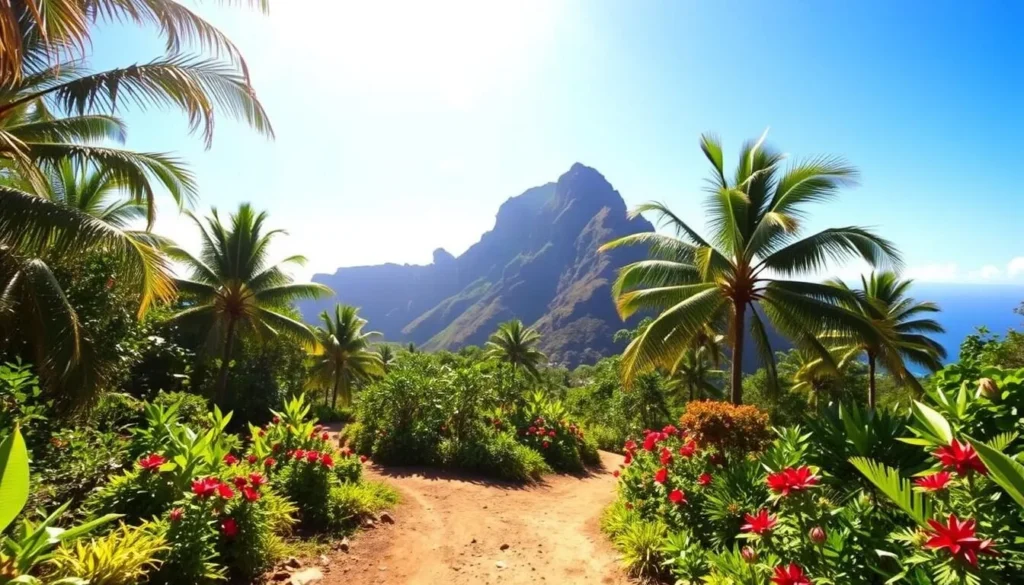 A well-worn hiking trail winds through lush, verdant foliage, with towering palm trees and vibrant tropical flowers lining the path. Sunlight filters down, casting a warm, golden glow over the scene. In the distance, a magnificent cliff face rises, its dramatic silhouette framed by a clear, azure sky. The trail invites exploration, beckoning hikers to immerse themselves in the serene, natural beauty of the Maha'ulepu Heritage Trail on the island of Kauai, Hawaii.