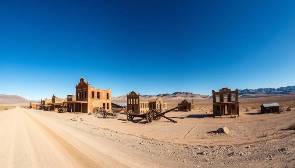 A wide-angle shot of the deserted Rhyolite Ghost Town in Nevada's Mojave Desert. The ruined buildings, weathered by time, stand in stark contrast against a clear blue sky. Sunlight casts long shadows, highlighting the crumbling architecture and the eerie stillness that pervades the scene. In the foreground, a dirt road winds through the town, offering a sense of history and the passage of time. The middle ground features the remains of what was once a bustling community, with a few scattered structures still clinging to their former glory. In the background, the vast, undulating desert landscape stretches out, emphasizing the isolation and remoteness of this once-thriving mining town.