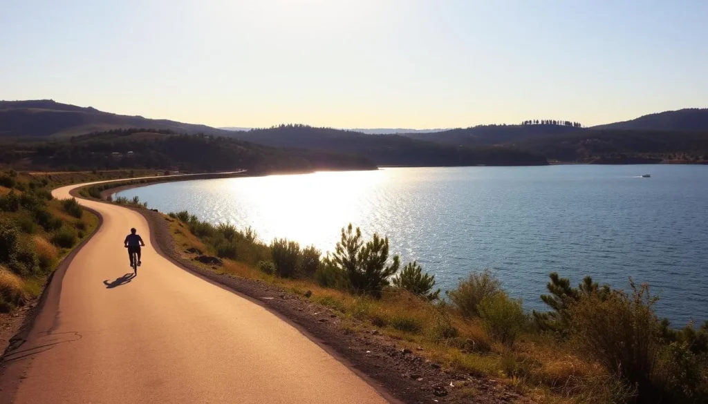 A winding bike path hugs the shoreline of a tranquil reservoir, surrounded by gently rolling hills and lush vegetation. The sun casts a warm, golden glow over the scene, creating a serene and inviting atmosphere. In the foreground, the smooth asphalt path invites exploration, with cyclists and pedestrians enjoying the peaceful ambiance. The middle ground reveals the shimmering surface of the reservoir, its calm waters reflecting the surrounding landscape. In the background, verdant hills and trees create a natural, picturesque backdrop, conveying a sense of tranquility and escape from the hustle and bustle of everyday life.