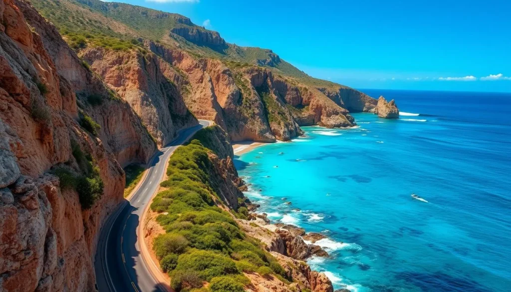 A winding coastal road cuts through a rugged, sun-dappled landscape. Towering cliffs of ochre and gray hug the turquoise waters of the Indian Ocean, their weathered surfaces carved by the relentless waves. Lush, wind-swept vegetation clings to the rocky outcrops, creating a verdant contrast against the azure sky. The road twists and turns, offering captivating vistas around every bend - a picturesque journey through the heart of the Coral Coast. Capture this scene with a wide-angle lens, using natural lighting to accentuate the vibrant colors and dramatic textures. Convey a sense of tranquility and adventure, inviting the viewer to embark on their own road trip along this stunning coastal route.