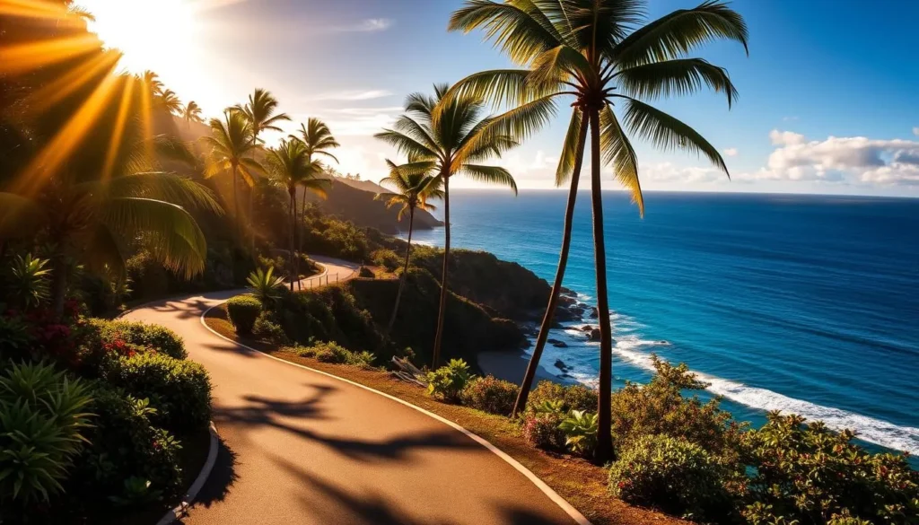 A winding coastal road, flanked by lush palm trees and vibrant foliage, leading to the stunning Punaluʻu Beach on the Big Island of Hawaii. The warm, golden sunlight filters through the canopy, casting a serene glow over the scene. In the distance, the deep blue of the Pacific Ocean beckons, its waves gently lapping against the shore. The road curves gracefully, inviting travelers to explore this breathtaking natural wonder. A tranquil and picturesque path, guiding visitors to the iconic black sand beach of Punaluʻu.