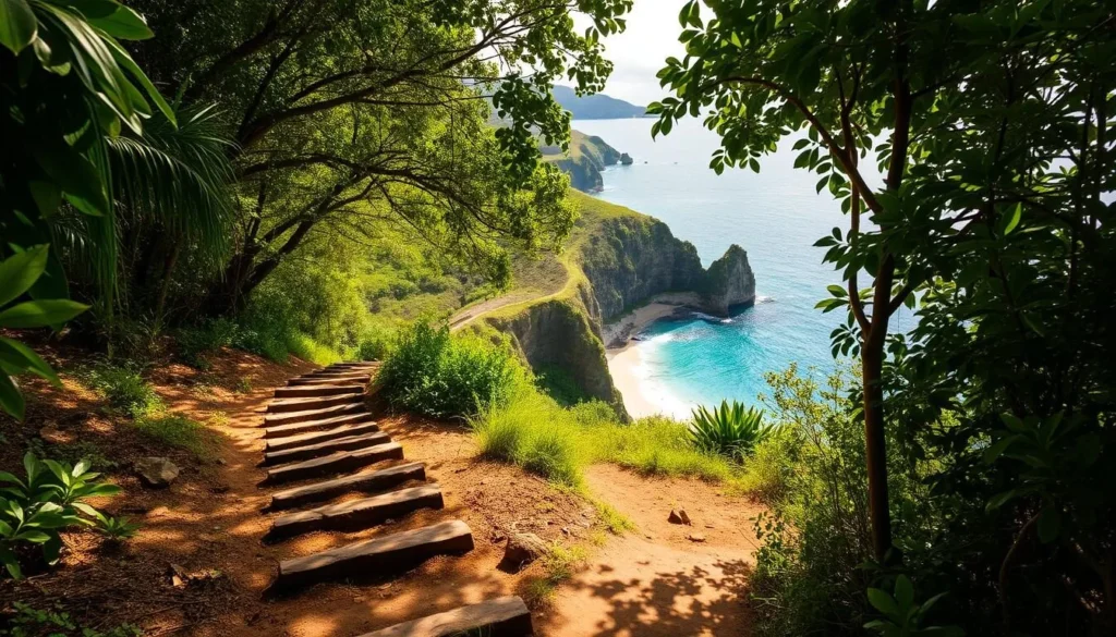 A winding dirt trail descends through lush, verdant foliage, leading the eye towards the cerulean waters of Halona Beach Cove, a picturesque inlet on the eastern shore of Oahu. Bright, diffused sunlight filters through the canopy, casting a warm, golden glow over the scene. In the foreground, the trail is lined with natural stone steps, guiding the viewer down towards the secluded beach. The middle ground reveals the cove's dramatic cliffs, their volcanic rock formations sculpted by centuries of wind and waves. In the distance, the shimmering Pacific Ocean stretches out to the horizon, framed by the lush, rolling hills of the Hawaiian landscape.