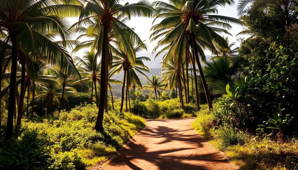 A winding dirt trail winds through a lush, verdant forest on the Big Island of Hawaii. Tall, swaying palm trees line the path, casting dappled shadows on the ground. The warm, golden sunlight filters through the dense foliage, creating a serene and inviting atmosphere. The trail is smooth and well-maintained, ideal for leisurely hiking. In the distance, glimpses of the iconic volcanic landscape can be seen, hinting at the natural wonders that await. The scene conveys a sense of tranquility and adventure, perfectly capturing the essence of the Nahuku - Thurston Lava Tube hiking experience.
