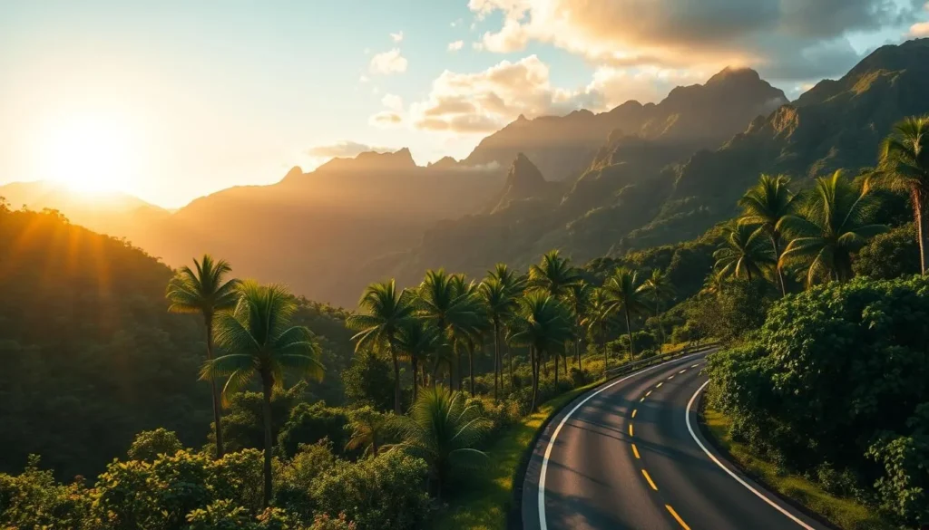 A winding highway snakes through lush, verdant landscapes, as the sun casts a warm, golden glow over the scene. In the distance, towering mountains rise majestically, their peaks capped with a light dusting of clouds. The road, lined with towering palm trees and lush foliage, leads the viewer deeper into the heart of the island, beckoning them to explore the breathtaking natural beauty of this tropical paradise. The image is captured with a wide-angle lens, giving a sense of grand scale and immersive perspective, inviting the viewer to imagine themselves embarking on this scenic journey.