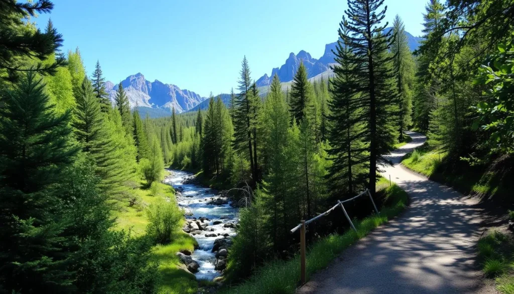 A winding hiking trail meanders through a lush, verdant forest, sunlight filtering gently through the canopy above. In the middle ground, a picturesque stream crosses the path, its gentle flow creating a soothing ambiance. The background is framed by towering mountains, their rugged peaks reaching towards the clear, azure sky. The trail is well-maintained, with a smooth, compacted surface inviting hikers to explore this scenic oasis. The overall atmosphere is one of tranquility and natural beauty, perfectly capturing the essence of the hiking experience around the Lower Bear Creek Reservoir.