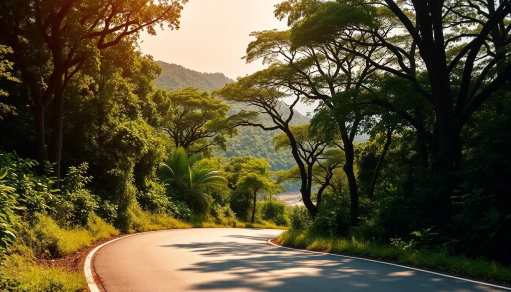 A winding mountain road snakes through lush, verdant foliage on Bokor Hill, Cambodia. The sun casts a warm, golden glow, illuminating the lush vegetation and smooth tarmac. Towering trees line the sides of the road, their canopies providing dappled shade. In the distance, a glimpse of the sparkling, azure ocean can be seen, hinting at the scenic vistas that await. The tranquil, peaceful atmosphere invites exploration, beckoning travelers to venture forth and discover the hidden delights of Bokor Hill. Capture this inviting scene through a medium-length telephoto lens, with a shallow depth of field to emphasize the road's winding path and the surrounding natural beauty.