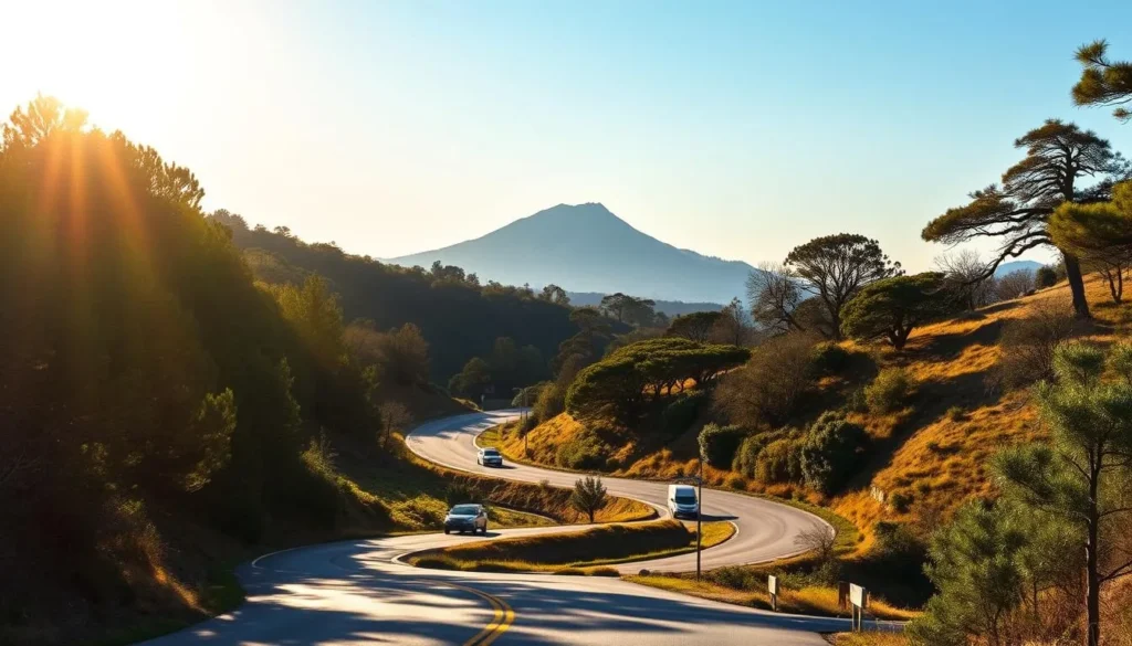 A winding mountain road snakes through the lush, verdant hills of the Mount Diablo range. Sunlight filters through the canopy of oak and pine trees, casting a warm, golden glow on the asphalt. In the distance, the iconic peak of Mount Diablo rises majestically, its rugged silhouette framed by a clear, azure sky. Vehicles of various sizes navigate the gentle curves, offering glimpses of the breathtaking vistas that unfold around every bend. The scene conveys a sense of tranquility and adventure, inviting the viewer to explore the natural beauty of this remarkable California landscape.