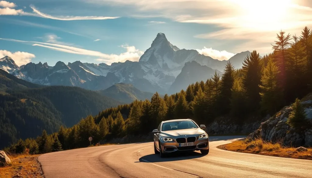 A winding mountain road snakes through the picturesque Swiss Alps, offering breathtaking views of the majestic Weisshorn peak. The car, a sleek silver sedan, navigates the curves smoothly, its headlights cutting through the crisp, clear air. Sunlight filters through wispy clouds, casting a warm, golden glow over the rugged, snow-capped summits in the distance. Lush, verdant forests line the roadside, their vibrant hues contrasting with the stark, jagged rocks that rise up on either side. The scene exudes a sense of tranquility and adventure, inviting the viewer to imagine the journey toward the iconic Weisshorn.