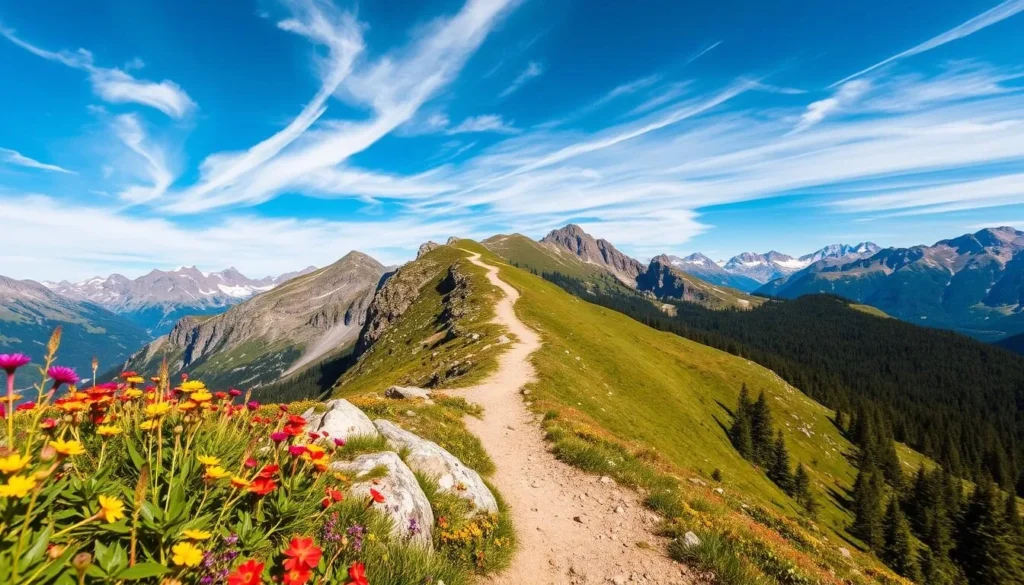 A winding mountain trail winds through a lush alpine landscape, with towering peaks and glaciers in the distance. The foreground is marked by vibrant wildflowers and rocky outcroppings, while the middle ground features a well-defined hiking path leading into a forested area. The sky is a brilliant blue, with wispy clouds drifting overhead, creating a serene and peaceful atmosphere. The lighting is natural and soft, casting warm shadows across the scene. The overall composition suggests a challenging yet rewarding hiking experience through the stunning Swiss Alps.