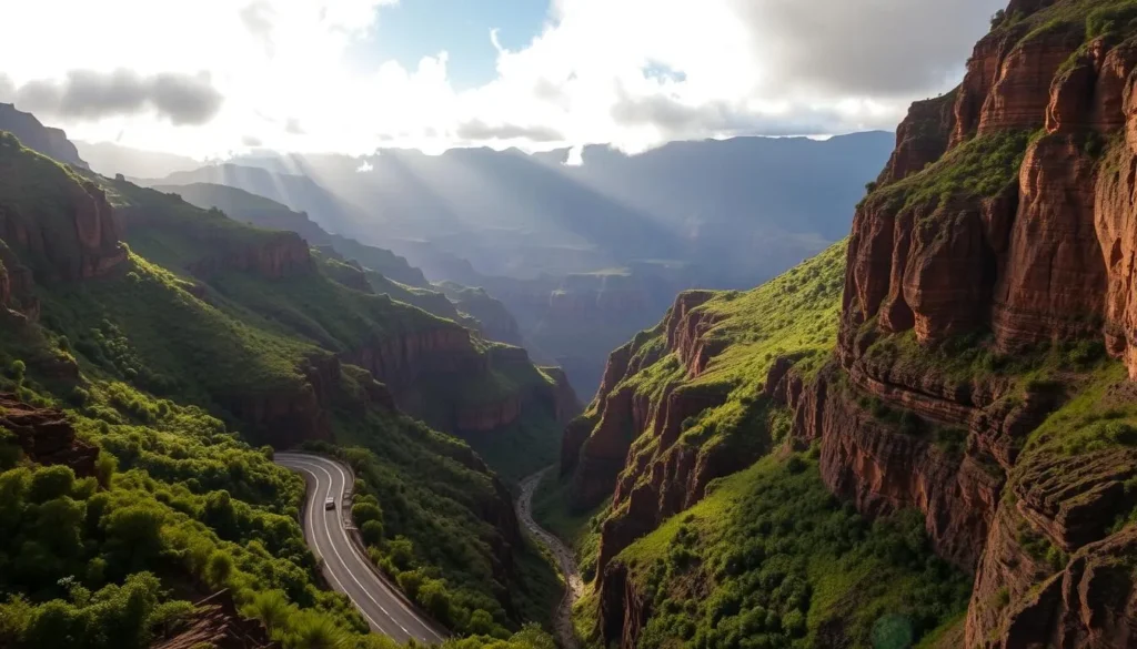 A winding road cutting through lush, verdant cliffs of Waimea Canyon, the "Grand Canyon of the Pacific," on the Hawaiian island of Kauai. Sunlight filters through wispy clouds, illuminating the striking, multicolored rock formations and dense foliage lining the scenic drive. In the distance, the canyon's dramatic depths and rugged terrain stretch out, inviting exploration. The atmosphere is serene and peaceful, capturing the natural beauty of this iconic Hawaiian landscape.