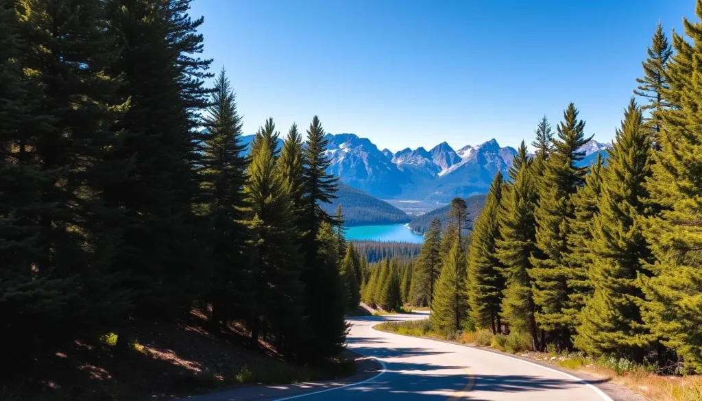 A winding road winds through a lush, towering forest of evergreen trees, their verdant canopies casting dappled shadows across the asphalt. Sunlight filters through the leaves, bathing the scene in a warm, golden glow. In the distance, rugged, snow-capped peaks rise against a brilliant azure sky, their jagged silhouettes mirrored in a crystal-clear lake nestled in the valley below. The air is crisp and fresh, carrying the scent of pine and the faint sound of a babbling brook. This picturesque landscape invites the viewer to embark on an unforgettable journey through the heart of the Transverse Ranges, California's natural wonder.