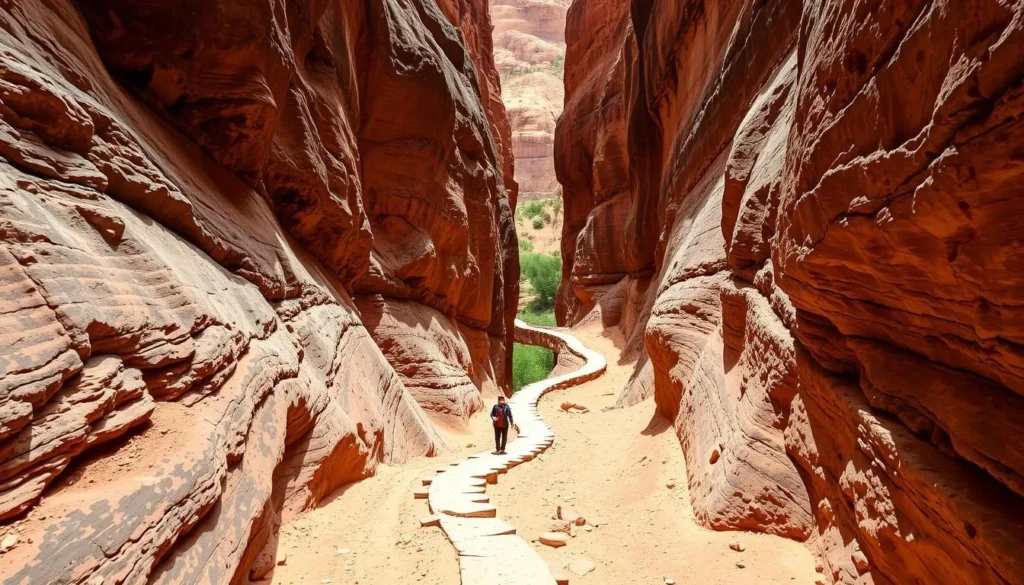 A winding sandstone canyon known as the Siq Trail, surrounded by towering, sun-dappled cliffs. In the foreground, a narrow footpath leads hikers through the dramatic gorge, with rugged walls on either side. The middle ground showcases the serpentine path as it snakes through the slot canyon, while the background reveals glimpses of the lush, verdant Mujib Nature Reserve beyond. Warm, directional lighting casts dramatic shadows, creating a sense of depth and atmosphere. Capture the essence of this iconic Jordanian adventure in a realistic, photographic style.