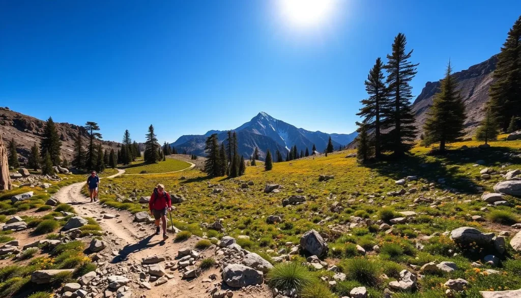 A winding trail ascends through the rugged granite peaks of the Mount Whitney Range, California. In the foreground, hikers navigate a rocky path, their steps kicking up small clouds of dust. The middle ground reveals verdant meadows dotted with vibrant wildflowers, framed by towering pines. Overhead, a clear blue sky is illuminated by warm, golden sunlight, casting long shadows across the landscape. The background showcases the iconic silhouette of Mount Whitney, its snow-capped summit reaching towards the heavens. This serene, breathtaking scene captures the essence of the renowned Mount Whitney Trail, inviting the viewer to embark on an unforgettable journey through California's stunning high country.