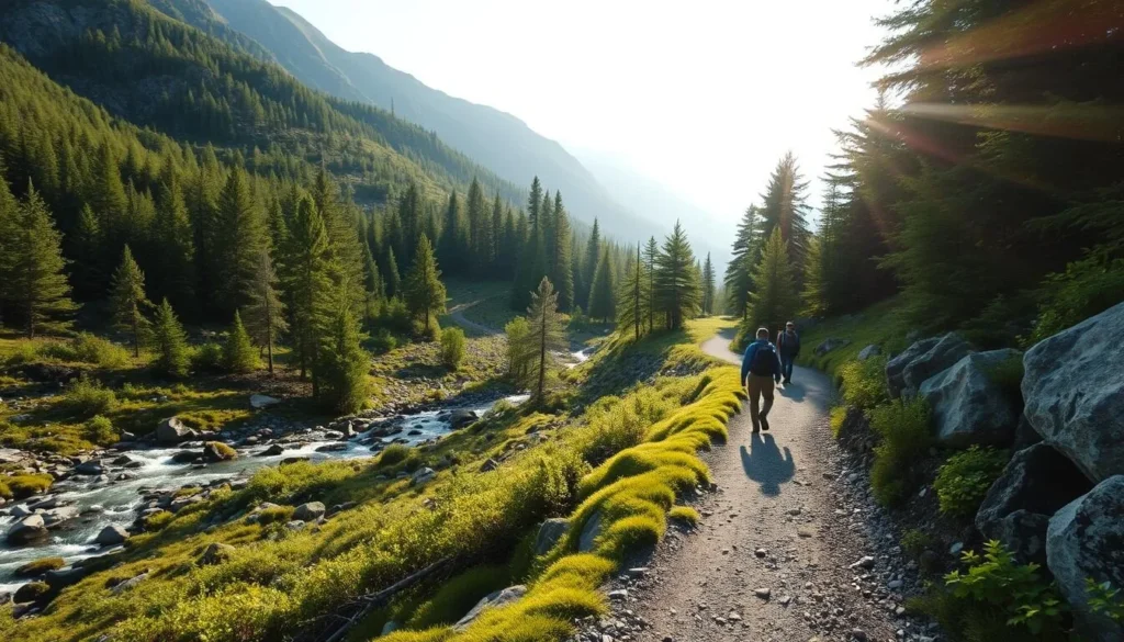 A winding trail winds through the majestic White Mountains of New Hampshire, with towering peaks and lush greenery on either side. Sunlight filters through the canopy of trees, casting a warm glow on the path ahead. In the distance, a crystal-clear stream gently flows, its gentle murmurs adding to the serene ambiance. Hikers make their way along the trail, their footsteps crunching on the well-maintained surface. The scene evokes a sense of adventure and tranquility, perfectly capturing the essence of a day spent exploring the natural beauty of the White Mountains.