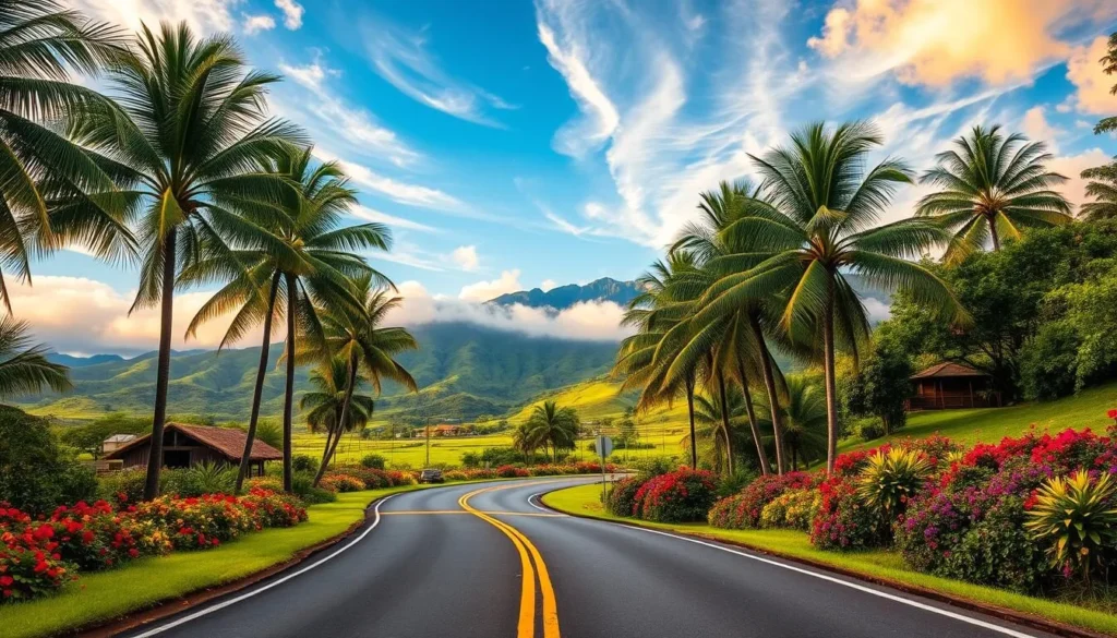 A winding, two-lane road snakes through the lush, verdant landscape of Maui's Hana region. Towering palm trees sway gently in the tropical breeze, their fronds casting dappled shadows on the smooth asphalt. Vibrant flowers, in shades of crimson, violet, and golden yellow, dot the roadsides, creating a colorful tapestry. In the distance, emerald-green hills rise up, their slopes dotted with the occasional farmstead or rustic cabin. The sky is a brilliant azure, with wispy clouds drifting lazily overhead, illuminated by the warm, golden light of the sun. The overall scene exudes a sense of tranquility and natural beauty, inviting the viewer to embark on a leisurely journey along the famed Road to Hana.