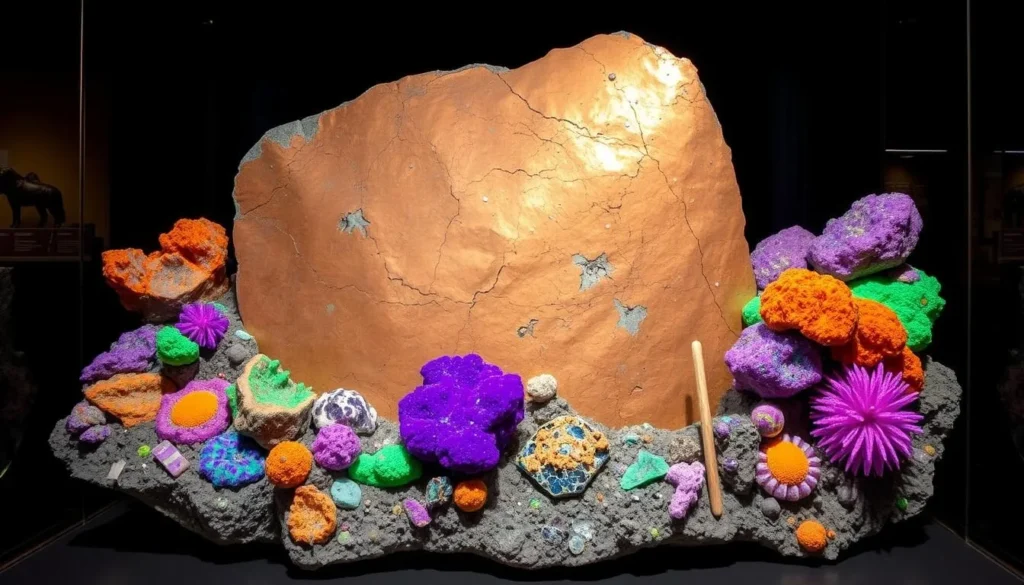 A.E. Seaman Mineral Museum with a large copper specimen and fluorescent minerals on display