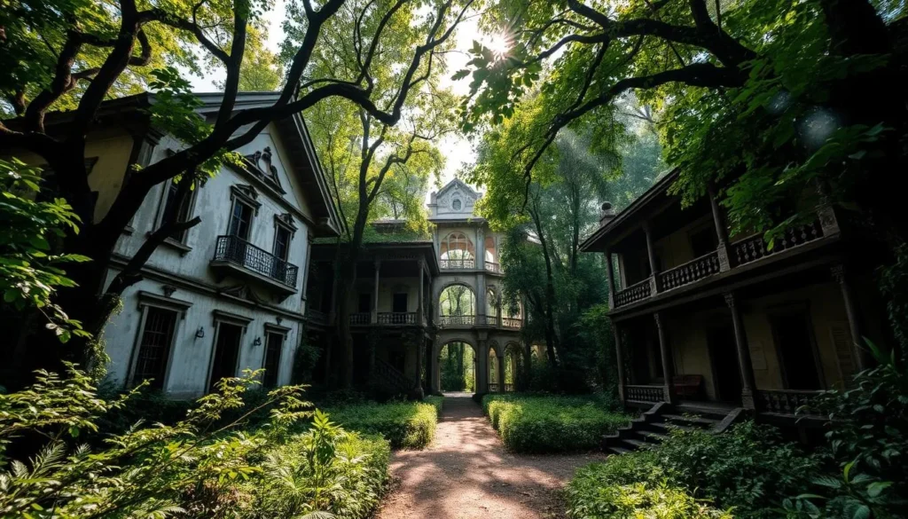 Abandoned colonial mansions nestled within the lush foliage of Kep National Park, Cambodia. Elegant, weathered facades stand in silent contemplation, their once-grand interiors now reclaimed by nature. Sunlight filters through verdant canopies, casting a warm, nostalgic glow across the scene. Moss-covered walls, crumbling balconies, and overgrown pathways evoke a sense of timeless decay. Capture the melancholic beauty of this forgotten era, where the past and present converge in a serene, picturesque tableau.