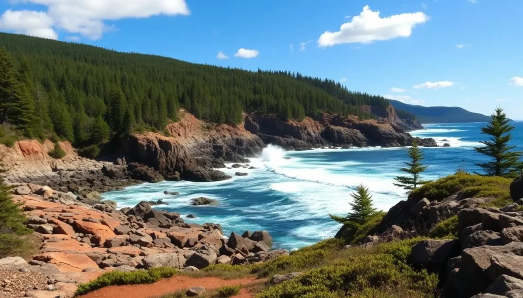 Acadia National Park's coastline with rocky shores and forested mountains visible from a hiking trail Acadia National Park's coastline with rocky shores and forested mountains visible from a hiking trail
