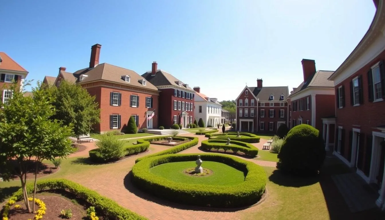 Adams National Historical Park in Quincy Massachusetts with historic buildings and gardens on a sunny day
