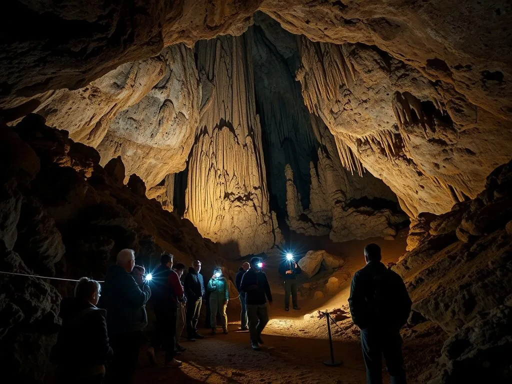 Adventurous tour in Slaughter Canyon Cave with visitors using headlamps to explore massive formations Adventurous tour in Slaughter Canyon Cave with visitors using headlamps to explore massive formations