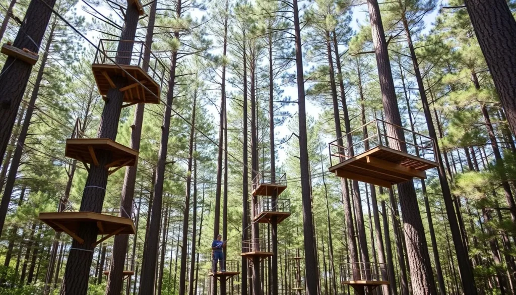Aerial obstacle course at TreeHoppers Adventure Park with ziplines through the pine forest Aerial obstacle course at TreeHoppers Adventure Park with ziplines through the pine forest
