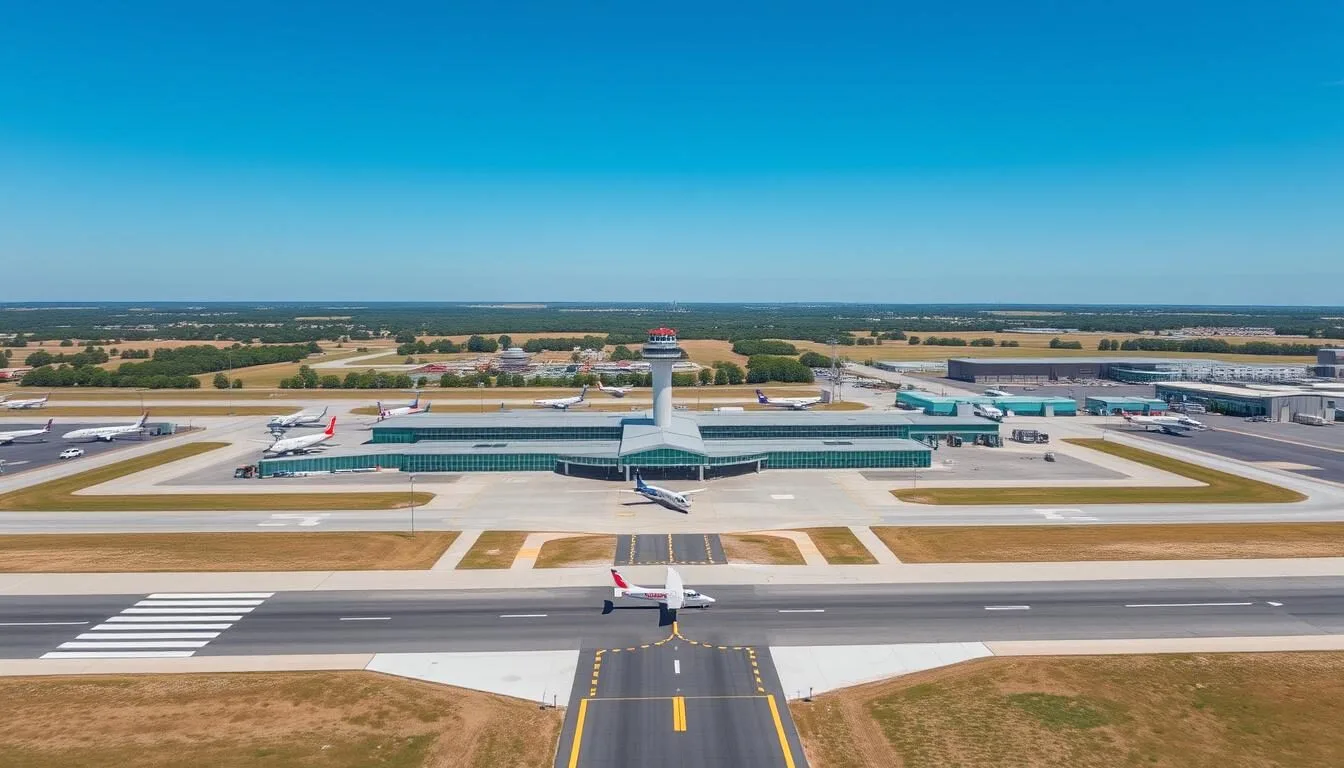 Aerial view of Abraham Lincoln Capital Airport in Springfield, Illinois with planes on runway