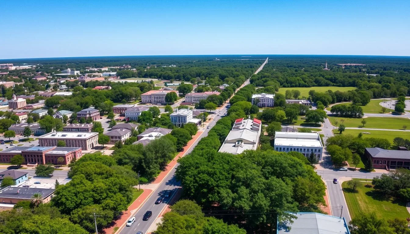 Aerial view of Aiken, South Carolina showing the downtown area surrounded by lush greenery