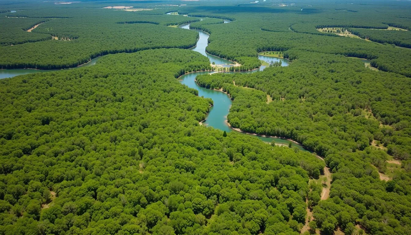 Aerial view of Alachua County Florida landscape showing lush green forests and blue waters