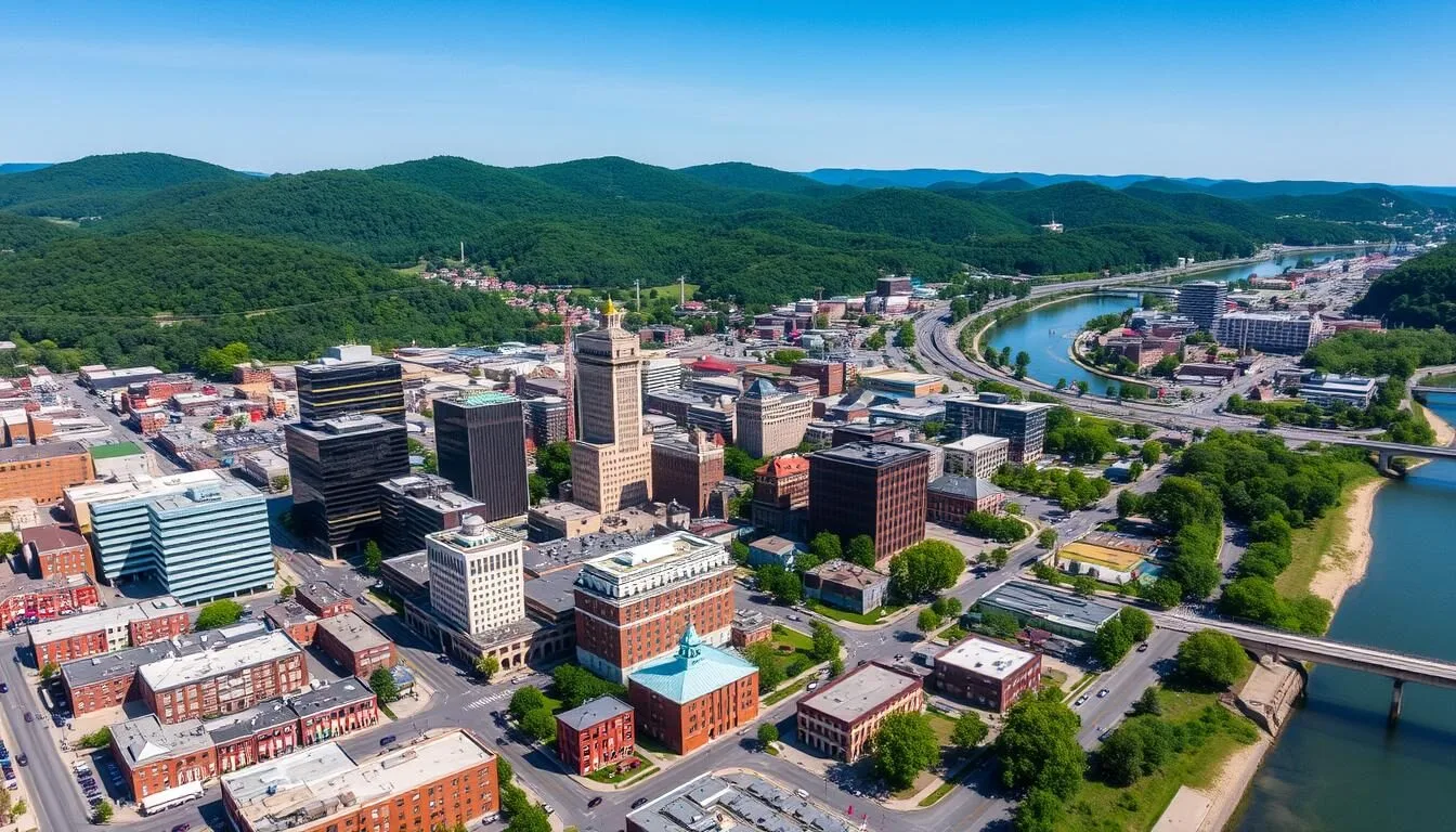 Aerial view of Allentown Pennsylvania showing the city skyline with the Lehigh River and surrounding mountains