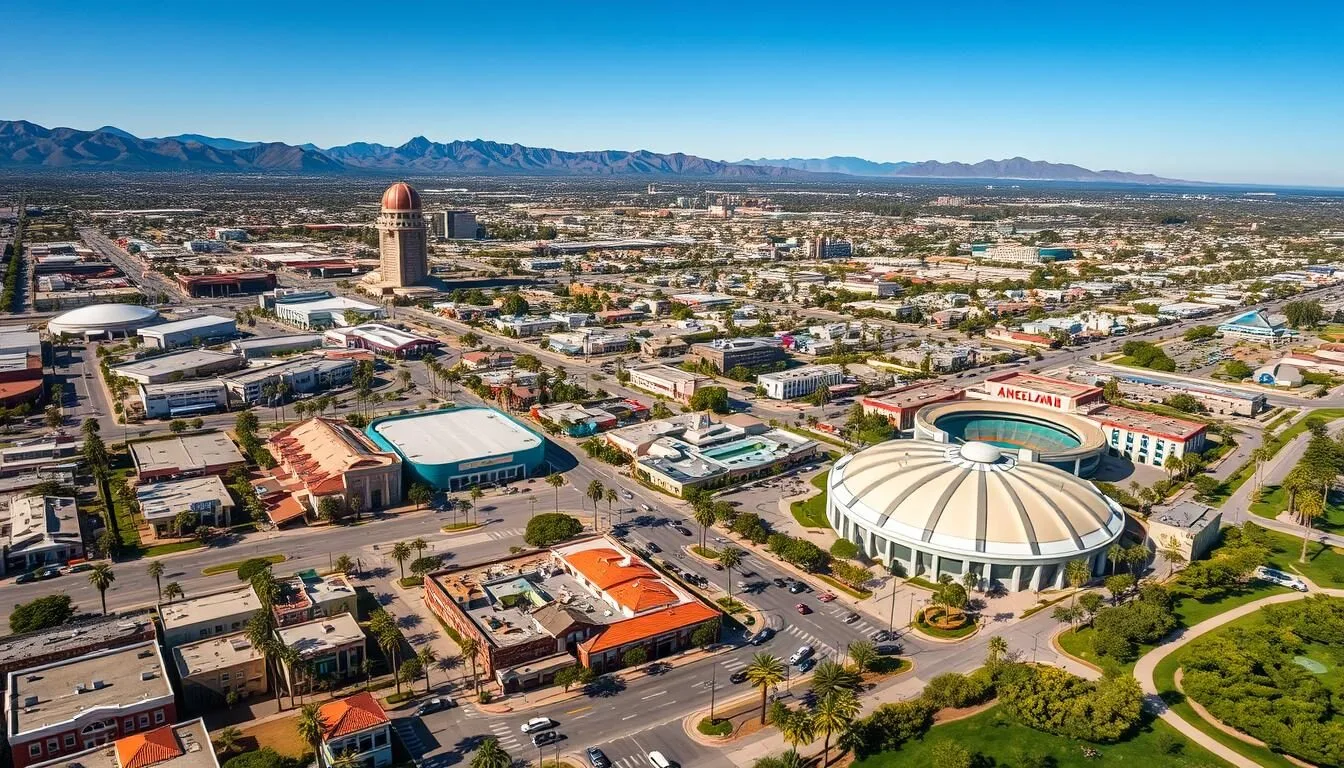 Aerial view of Anaheim California showing Disneyland, Angel Stadium, and downtown area on a sunny day