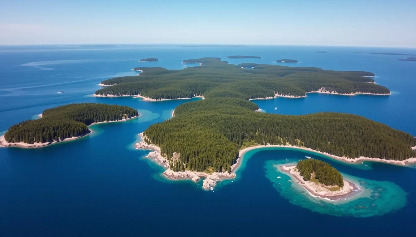 Aerial view of Apostle Islands National Lakeshore, Wisconsin showing multiple islands surrounded by the blue waters of Lake Superior