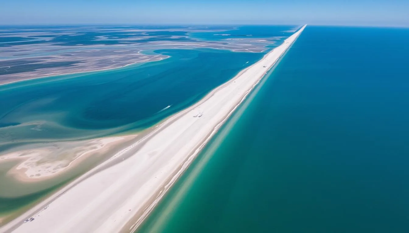 Aerial view of Assateague Island, Delaware showing the long barrier island with beaches and inland waterways