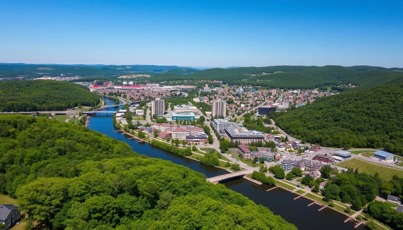 Aerial view of Auburn, Maine showing the Androscoggin River and surrounding landscape
